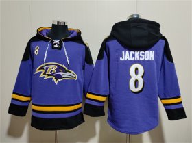 Wholesale Cheap Men\'s Baltimore Ravens #8 Lamar Jackson Ageless Must-Have Lace-Up Pullover Hoodie