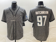 Men's Detroit Lions #97 Aidan Hutchinson Grey Gridiron With Patch Cool Base Stitched Baseball Jersey