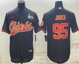 Cheap Men\'s Kansas City Chiefs #95 Chris Jones Black Pinstripe With Super Bowl LVII Patch Cool Base Stitched Baseball Jersey
