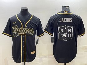 Wholesale Cheap Men\'s Las Vegas Raiders #28 Josh Jacobs Black Gold Team Big Logo With Patch Cool Base Stitched Baseball Jersey