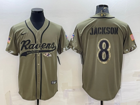 Wholesale Cheap Men\'s Baltimore Ravens #8 Lamar Jackson Olive 2022 Salute to Service Cool Base Stitched Baseball Jersey