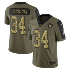 Wholesale Cheap Men\'s Olive Las Vegas Raiders #34 Bo Jackson 2021 Camo Salute To Service Limited Stitched Jersey