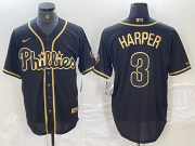 Cheap Men's Philadelphia Phillies #3 Bryce Harper Black Gold Cool Base Stitched Baseball Jersey