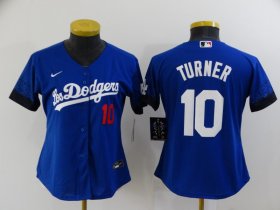 Wholesale Cheap Women\'s Los Angeles Dodgers #10 Justin Turner Blue 2021 City Connect Number Cool Base Stitched Jersey