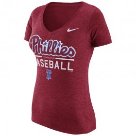 Wholesale Cheap Philadelphia Phillies Nike Women\'s Practice 1.7 Tri-Blend V-Neck T-Shirt Heathered Red