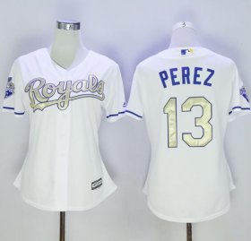 Wholesale Cheap Royals #13 Salvador Perez White 2015 World Series Champions Gold Program Cool Base Women\'s Stitched MLB Jersey