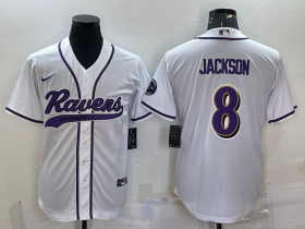 Wholesale Cheap Men\'s Baltimore Ravens #8 Lamar Jackson White With Patch Cool Base Stitched Baseball Jersey