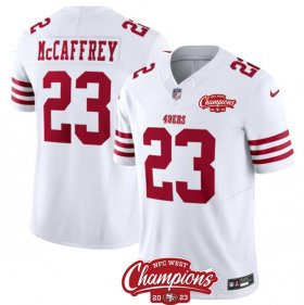 Cheap Men\'s San Francisco 49ers #23 Christian McCaffrey White 2023 F.U.S.E. NFC West Champions Patch Football Stitched Jersey
