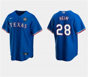 Men\'s Texas Rangers #28 Jonah Heim Royal 2023 World Series Stitched Baseball Jersey