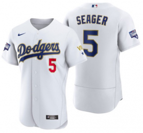 Wholesale Cheap Men\'s Los Angeles Dodgers #5 Corey Seager White Gold Championship Flex Base Sttiched MLB Jersey