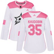 Cheap Adidas Stars #35 Anton Khudobin White/Pink Authentic Fashion Women's Stitched NHL Jersey