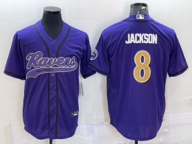 Wholesale Cheap Men\'s Baltimore Ravens #8 Lamar Jackson Black Gold With Patch Cool Base Stitched Baseball Jersey