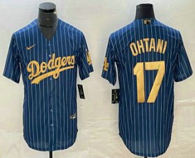 Cheap Men\'s Los Angeles Dodgers #17 Shohei Ohtani Blue Gold Pinstripe Cool Base Stitched Baseball Jersey