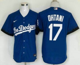 Cheap Men\'s Los Angeles Dodgers #17 Shohei Ohtani Blue 2021 City Connect Cool Base Stitched Jersey