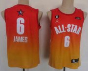 Cheap Men's Los Angeles Lakers #6 LeBron James Orange 2022 All Star 6 Patch Icon Sponsor Swingman Jersey