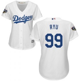 Wholesale Cheap Dodgers #99 Hyun-Jin Ryu White Home 2018 World Series Women\'s Stitched MLB Jersey