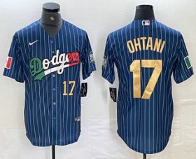 Cheap Men\'s Los Angeles Dodgers #17 Shohei Ohtani Number Mexico Blue Gold Pinstripe Cool Base Stitched Jersey