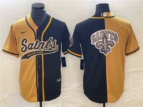 Wholesale Cheap Men\'s New Orleans Saints Black Gold Split Team Big Logo Cool Base Stitched Baseball Jersey