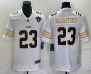 Wholesale Cheap Men's San Francisco 49ers #23 Christian McCaffrey White 75th Patch Golden Edition Stitched Nike Limited Jersey