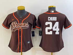 Wholesale Cheap Women\'s Cleveland Browns #24 Nick Chubb Brown With Patch Cool Base Stitched Baseball Jersey