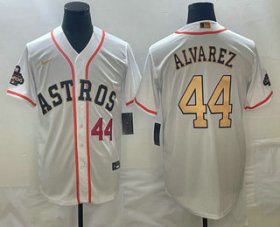 Cheap Men\'s Houston Astros #44 Yordan Alvarez Number 2023 White Gold World Serise Champions Patch Cool Base Stitched Jerseys