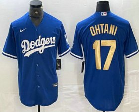 Cheap Men\'s Los Angeles Dodgers #17 Shohei Ohtani Blue Gold Stitched Cool Base Nike Jersey