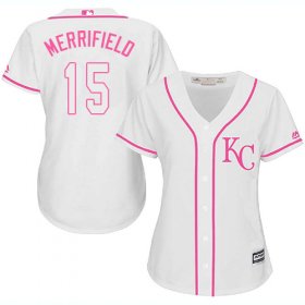 Wholesale Cheap Royals #15 Whit Merrifield White/Pink Fashion Women\'s Stitched MLB Jersey