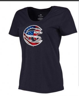 Wholesale Cheap Women\'s Chicago Cubs USA Flag Fashion T-Shirt Navy Blue