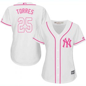 Wholesale Cheap Yankees #25 Gleyber Torres White/Pink Fashion Women\'s Stitched MLB Jersey