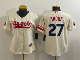 Wholesale Cheap Women\'s Los Angeles Angels #27 Mike Trout Cream 2022 City Connect Cool Base Stitched Jersey