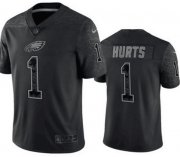 Wholesale Cheap Men's Philadelphia Eagles #1 Jalen Hurts Black Reflective Limited Stitched Football Jersey