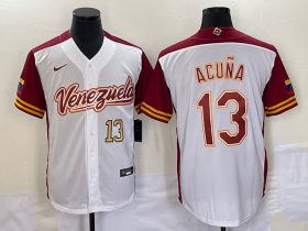 Cheap Men\'s Venezuela Baseball #13 Ronald Acuna Jr Number 2023 White Red World Classic Stitched Jerseys