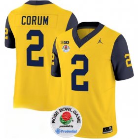 Cheap Men\'s Michigan Wolverines #2 Blake Corum 2023 F.U.S.E. Yellow Navy Rose Bowl Patch Stitched Jersey
