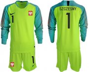 Wholesale Cheap Poland #1 Szczesny Shiny Green Goalkeeper Long Sleeves Soccer Country Jersey