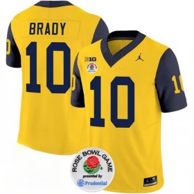 Cheap Men\'s Michigan Wolverines #10 Tom Brady 2023 F.U.S.E. Yellow Navy Rose Bowl Patch Stitched Jersey