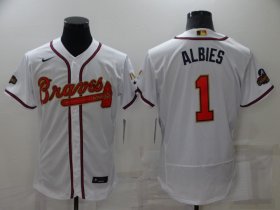 Wholesale Cheap Men\'s Atlanta Braves #1 Ozzie Albies 2022 White Gold World Series Champions Program Flex Base Stitched Baseball Jersey