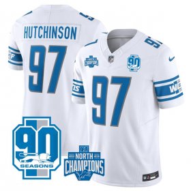Cheap Men\'s Detroit Lions #97 Aidan Hutchinson White 2023 90th Anniversary North Division Champions Patch Limited Stitched Jersey