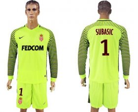 Wholesale Cheap Monaco #1 Subasic Shiny Green Goalkeeper Long Sleeves Soccer Club Jersey