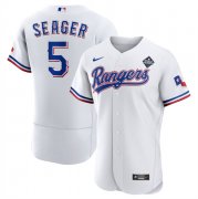 Men's Texas Rangers #5 Corey Seager White 2023 World Series Flex Base Stitched Baseball Jersey