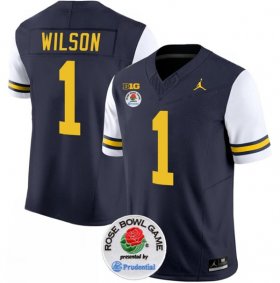 Cheap Men\'s Michigan Wolverines #1 Roman Wilson 2023 F.U.S.E. Navy White Rose Bowl Patch Stitched Jersey