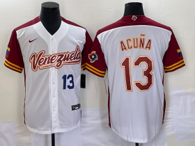 Cheap Men\'s Venezuela Baseball #13 Ronald Acuna Jr Number 2023 White Red World Classic Stitched Jersey1