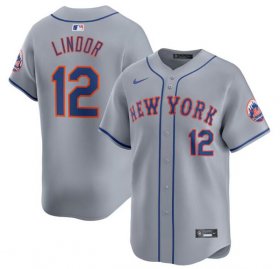 Cheap Men\'s New York Mets #12 Francisco Lindor 2024 Gray Away Limited Stitched Baseball Jersey