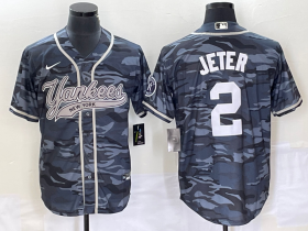 Wholesale Cheap Men\'s New York Yankees #2 Derek Jeter Grey Camo Cool Base With Patch Stitched Baseball Jersey