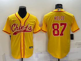 Wholesale Cheap Men\'s Kansas City Chiefs #87 Travis Kelce Gold With Patch Cool Base Stitched Baseball Jersey