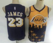 Wholesale Cheap Men's Los Angeles Lakers #23 LeBron James Purple with Yellow Salute Nike Swingman Stitched NBA Jersey