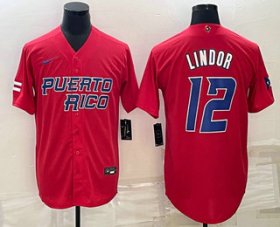 Cheap Men\'s Puerto Rico Baseball #12 Francisco Lindor 2023 Red World Baseball Classic Stitched Jerseys