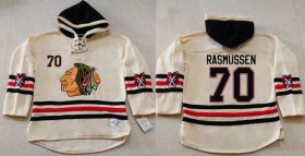 Wholesale Cheap Blackhawks #70 Dennis Rasmussen Cream Heavyweight Pullover Hoodie Stitched NHL Jersey