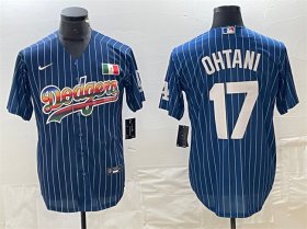 Cheap Men\'s Los Angeles Dodgers #17 Shohei Ohtani Navy Cool Base With Patch Stitched Baseball Jersey