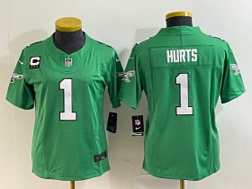 Wholesale Cheap Women\'s Philadelphia Eagles #1 Jalen Hurts Green 2023 F.U.S.E. With C Patch Stitched Football Jersey(Run Small)