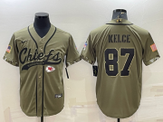 Wholesale Cheap Men's Kansas City Chiefs #87 Travis Kelce 2022 Olive Salute to Service Cool Base Stitched Baseball Jersey